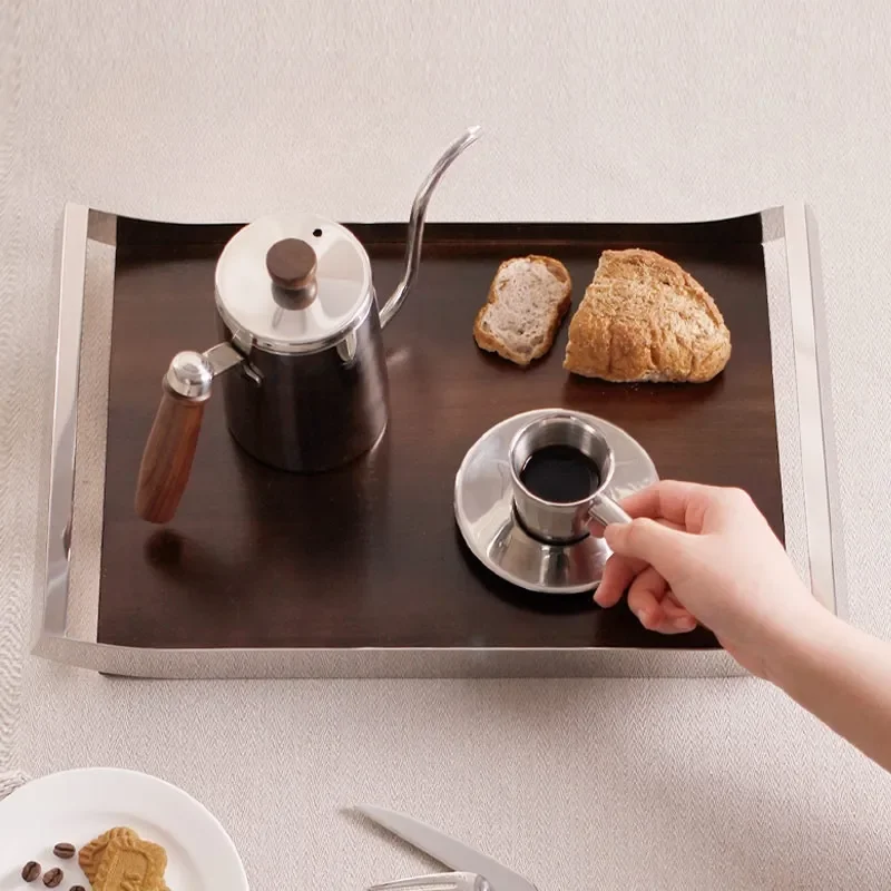 for Italian Simple High End Walnut Tray Home Decoration Storage Round Aromatherapy Display Plate Stainless Steel Modern Light