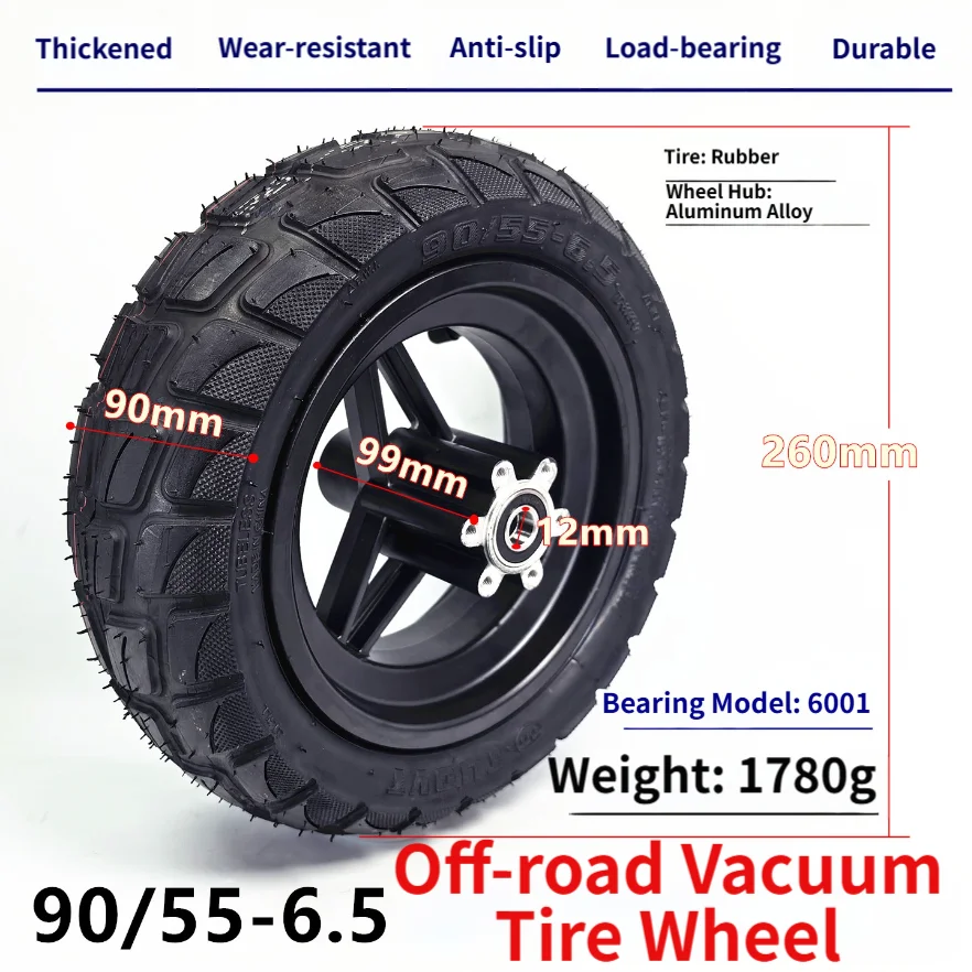 

90/55-6.5 Tubeless Tire and Wheel Assembly for 10 Inch Electric Scooter with Optimized Contact Patch and Rubber Blend