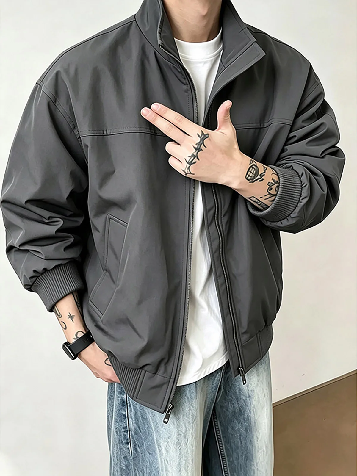 Black Stand Collar Flight Workwear Style Jacket Men's Short Coat American Cleanfit Shoulder Pad Baseball Uniform Outerwear