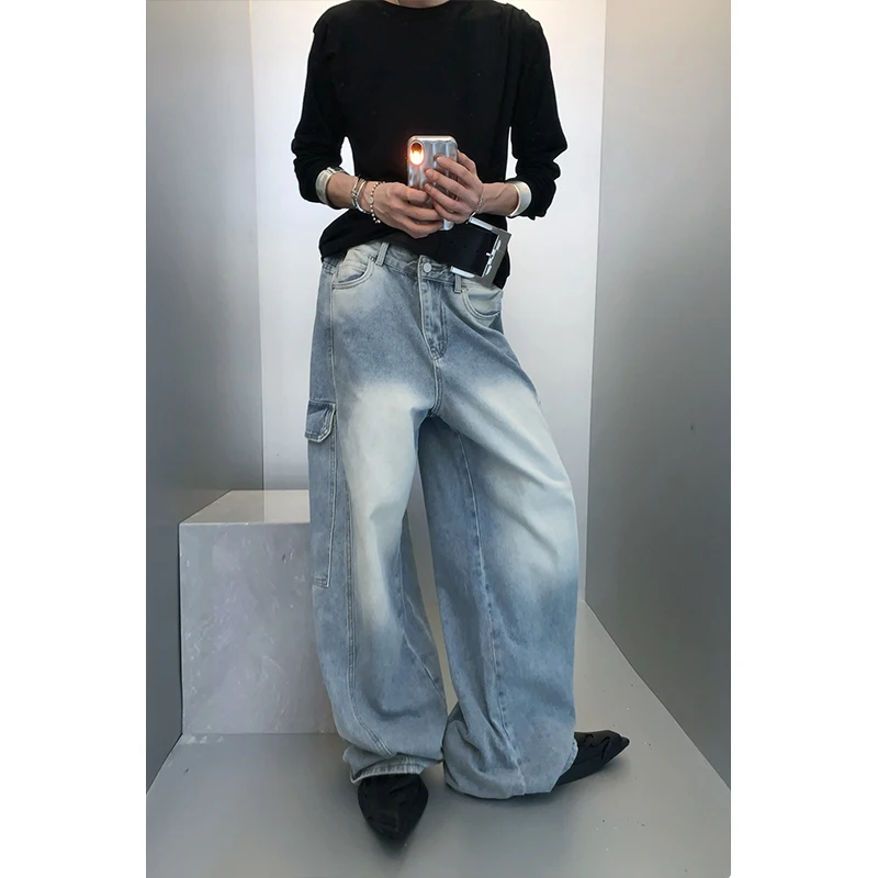 

Мужские свободные прямые джинсы из денима, рабочие брюки со средней посадкой, повседневные, молодежные, трендовые, осенние, без стрейча