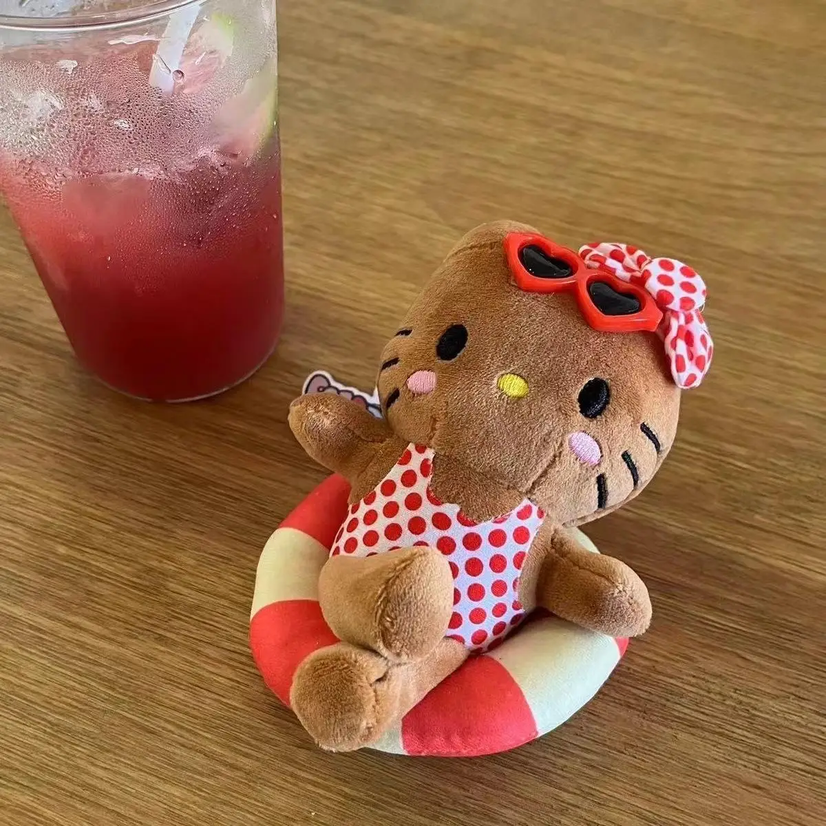 Hello Kitty Cute Black Skin Kt Cat Polka Dot Plush Doll Kawaii Swimming Circle Toy Fluffy Keychain Pendant Periphery Gift