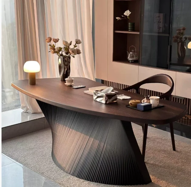 Oval Walnut Coffee Table with Sturdy Tapered Base, 39.4" Fluted Wood Coffee Table, Mid Century Modern Center Tables