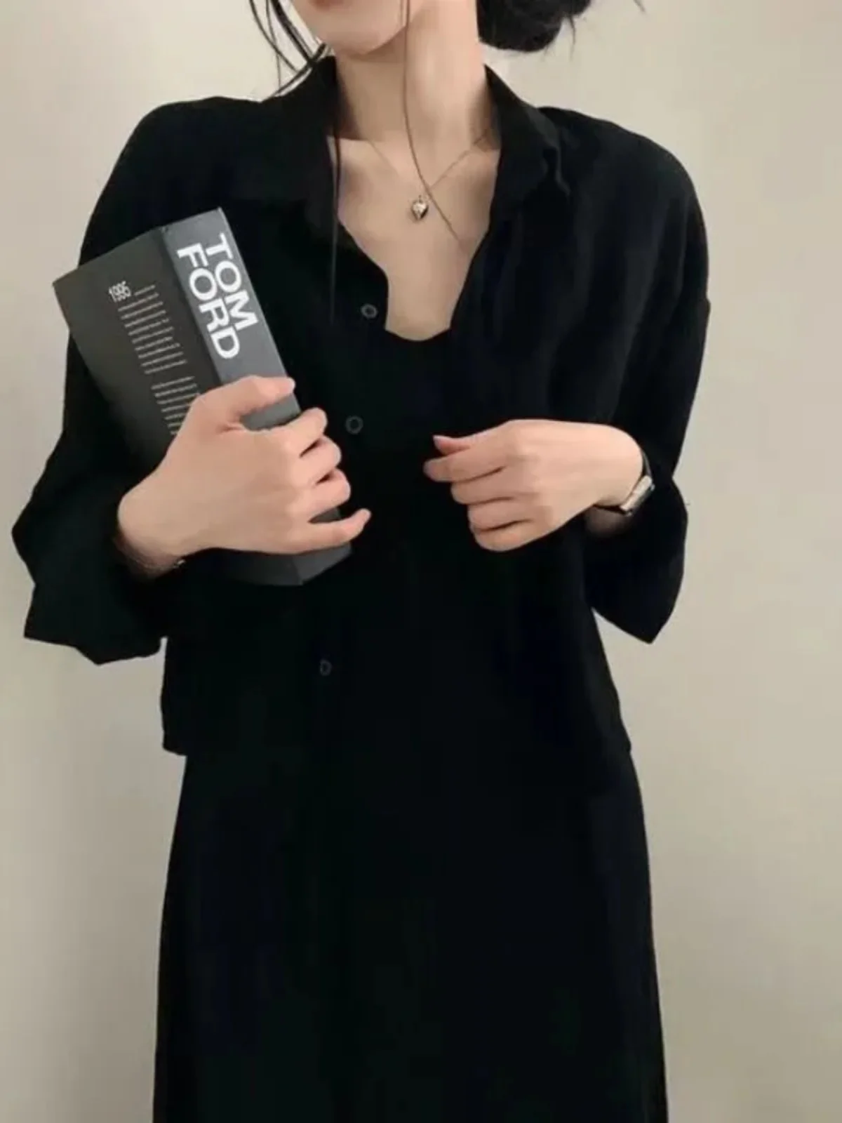 Chic Vintage Autumn Fashion Set Women's Long Sleeve Shirt And Strap Dress Two-Piece Suit Age-Defying Elegant Style