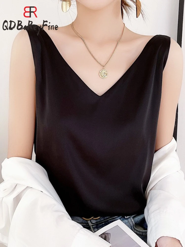 2024 New in Elegant Women's Blouse Sleeveless Tanks Tops Basic Office Ladies V-Neck Korean Fashion Loose Satin T-Shirts Women