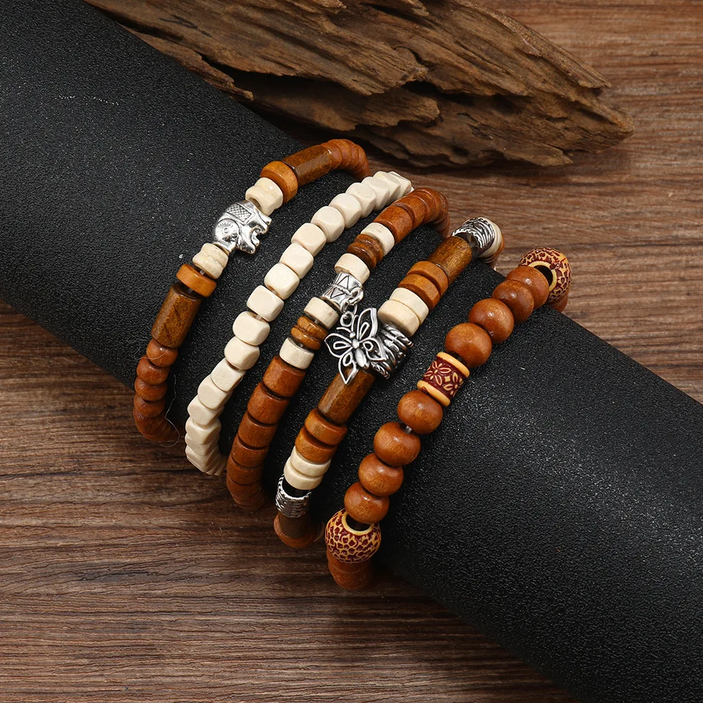 4Pcs/ Set Braided Wrap Leather Bracelets for Men Vintage Life Tree Rudder Charm Wood Beads Ethnic Tribal Wristband Rope Bracelet