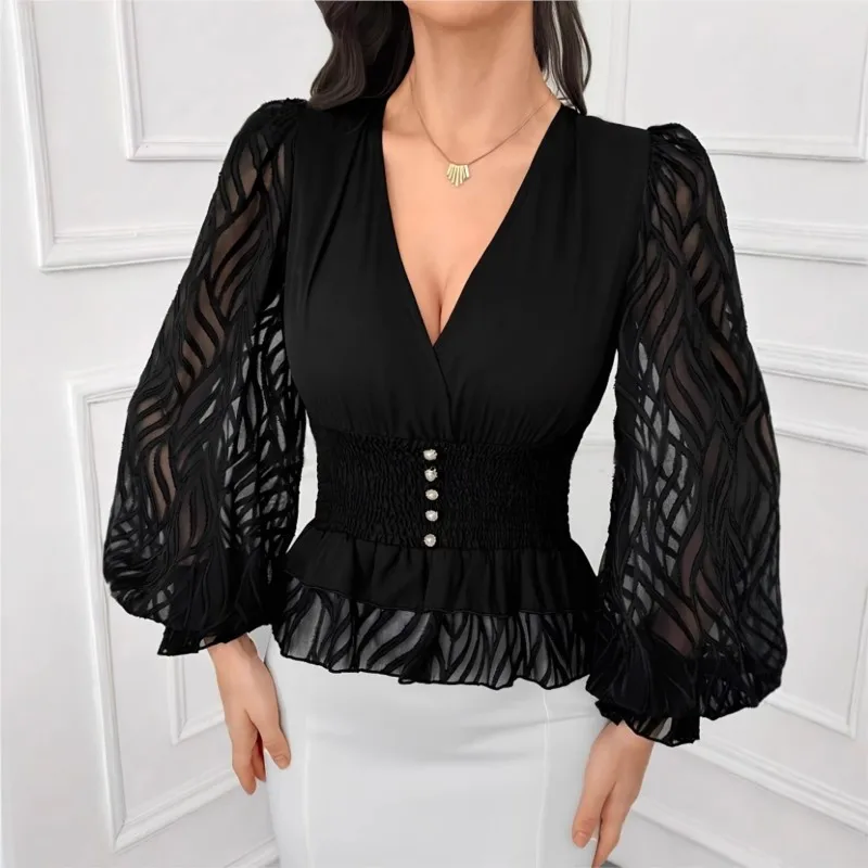 

Women Elegant Temperament Black Blouses & Shirts 2025 Spring Summer Sexy Deep V-neck Lantern Sleeve Slim Blouse Office Shirt