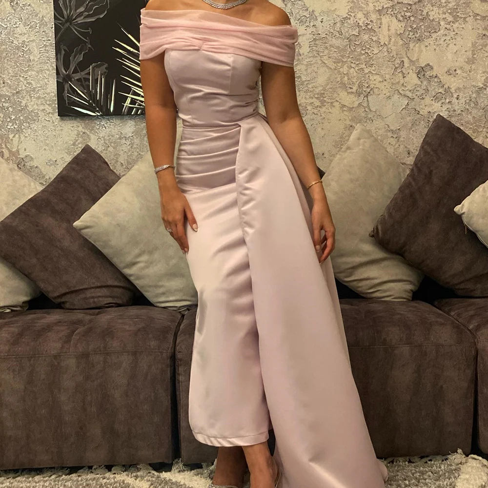 

Customized Satin Straight Off the Shoulder Evening Dress Short Sleeves Boat Neck Floor Length Panel Train Photo Color Modern