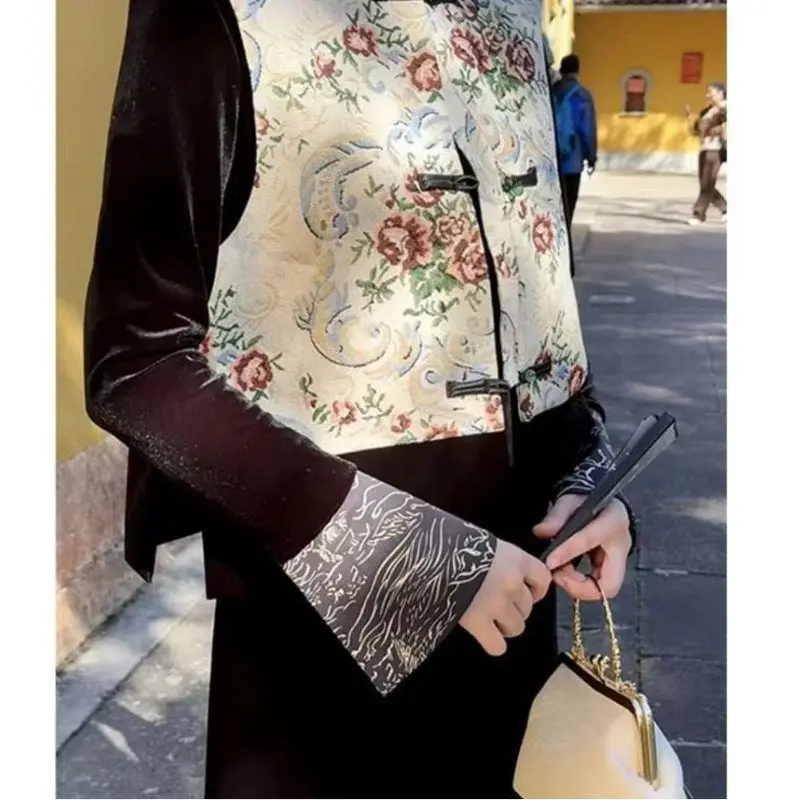 New Chinese Sle National Faion Buttoned Vest Jaet And Dr Two-Piece Set Women's Casual Print Long Sve Winter Outfit