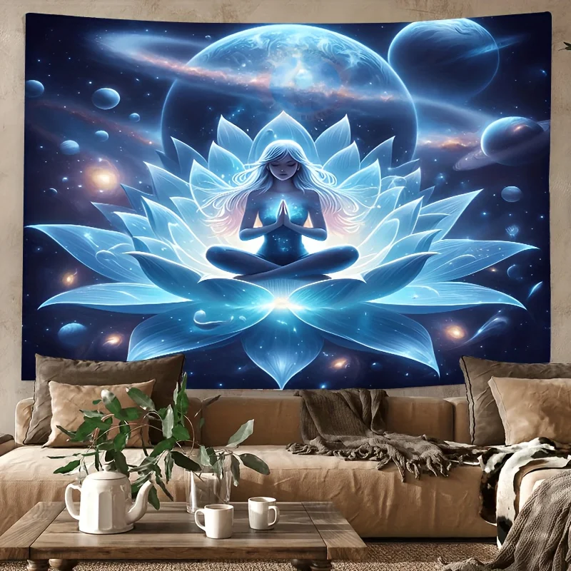 1pc Cosmic Meditation Lotus Tapestry, Polyester Fabric, Machine Washable, Suitable for Bedroom and Dorm Decoration