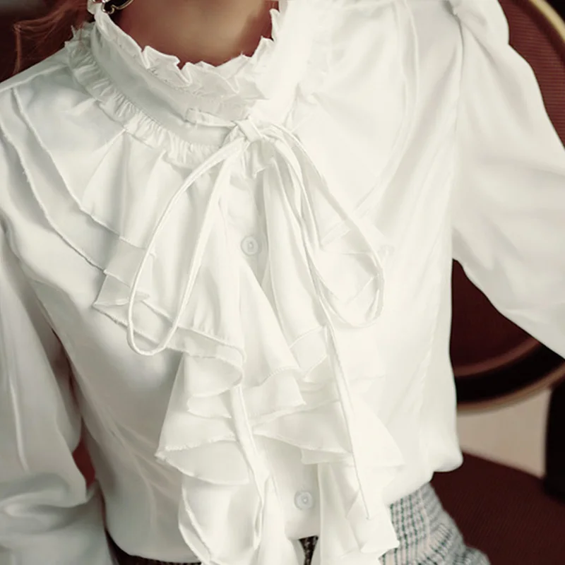 Ruffled Design Stand Collar Women White Lolita Shirt 2024 Spring Ladies Long Sleeve Gothic Chiffon Blouse