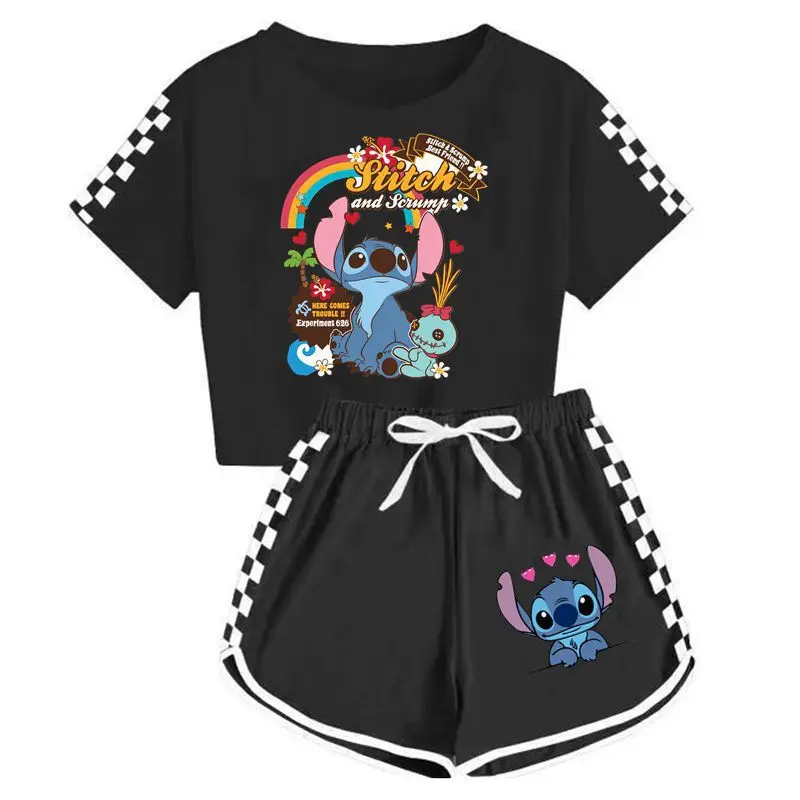 Stitch T-shirt Zestaw szortów Disney Kids Anime Kawaii Ubrania Dzieci Letnia piżama Dziewczynka Chłopiec Sportowe koszulki Spodnie Krótki rękaw