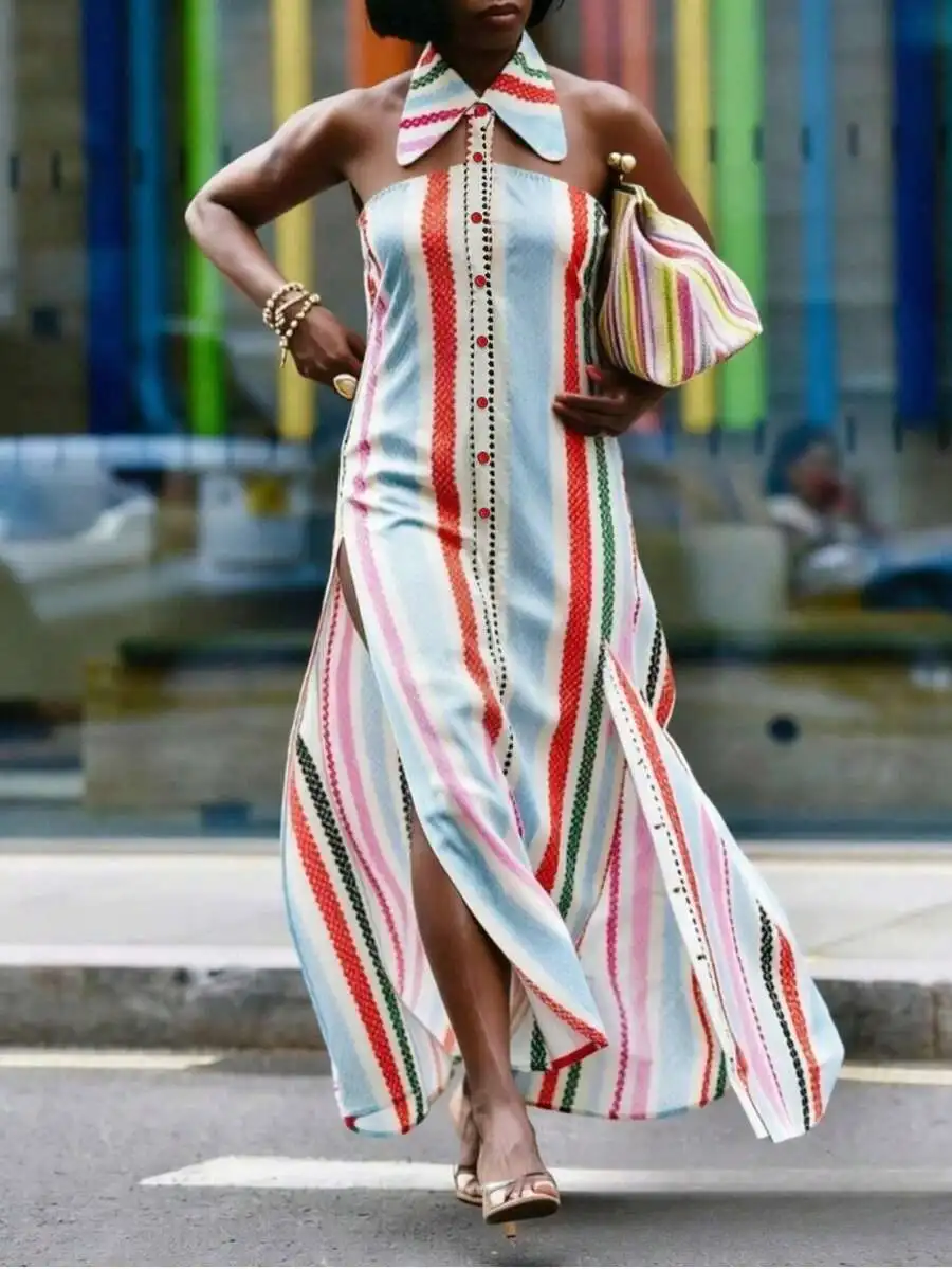 XTOCEAN Women's Urban Striped Front Slit Collared Maxi Dress – Button Down Loose Fit For Office Wedding Guest
