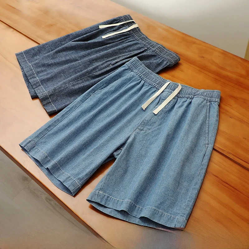 

Summer Men's Cotton Denim ort Pants Five-Point Elastic Waist Waed Casual Loose Fit Straight Leg Urban Faion Breathable