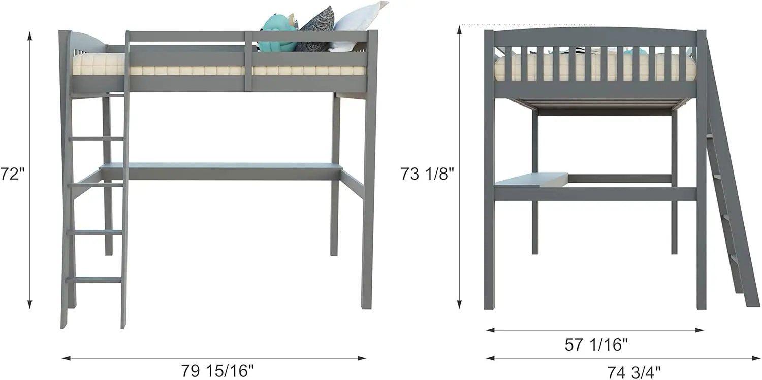 Everest Grey High Loft Bed with Desk and Storage, Heavy Duty Solid Wood Full Size Loft Bed Frame with Stairs for Kids and Toddle