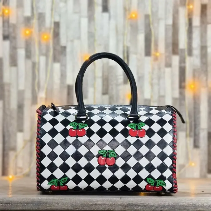 Luxury Designer Leather Sports Tote Black White Checked Cherry Pattern Top Handle Zipper Close Travel Duffel Bag