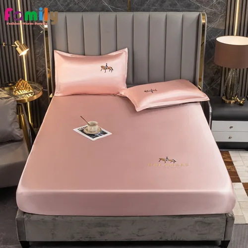 럭셔리 새틴 실크 탄성 장착 시트, 여름 더블 침대 시트, 솔리드 자수 침구 매트리스 커버, 퀸 킹 사이즈 홈 데코 