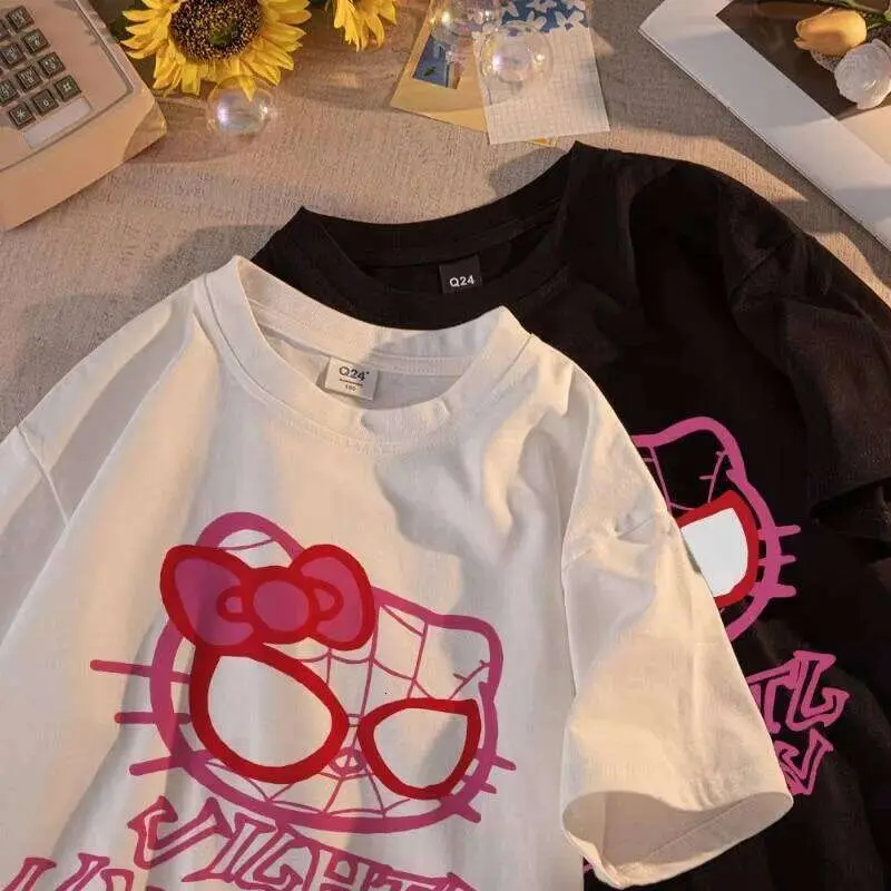 Unisex Spider Mask Hello Kitty Graphic Print Short Sleeve T-shirt Black White 2 Colors Casual Summer Tee
