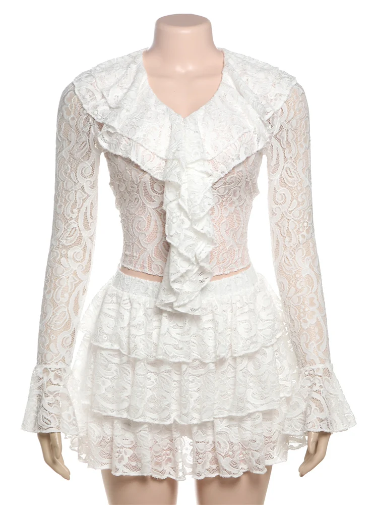 Weird Puss Sexy Jacquard 2 Piece Set Women Elegant Ruffles V-Neck Crop Tops+Tierred Cake Skits Autumn Midnight Party Clubwear