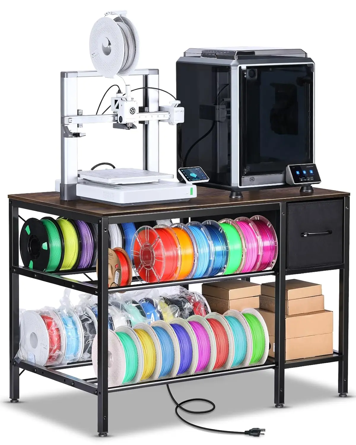 3D Printer Stand with Filament Storage, Heavy Duty Desk with Drawer, Brown