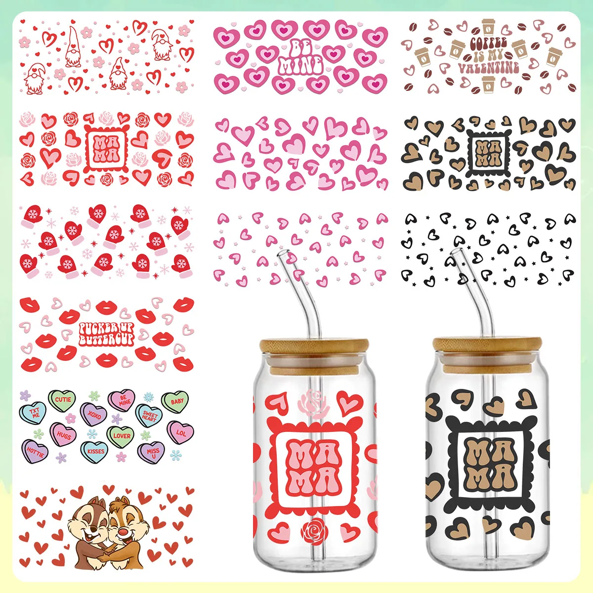 Custom waterproof cup wrap transfers Valentines designs sticker decals uv dtf cup wraps transfers 16oz for glass cups