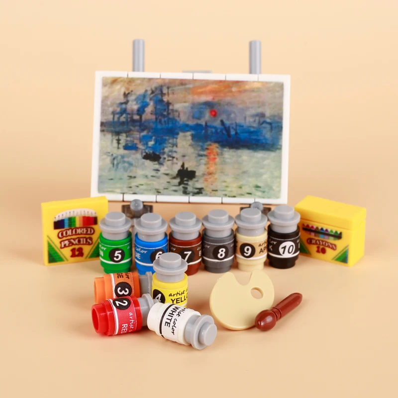 MOC City Street Views Easel Oil Printing Prints  Figure Building Blocks Pigment Series Sticker Parts Accessories Toys Boy Gift