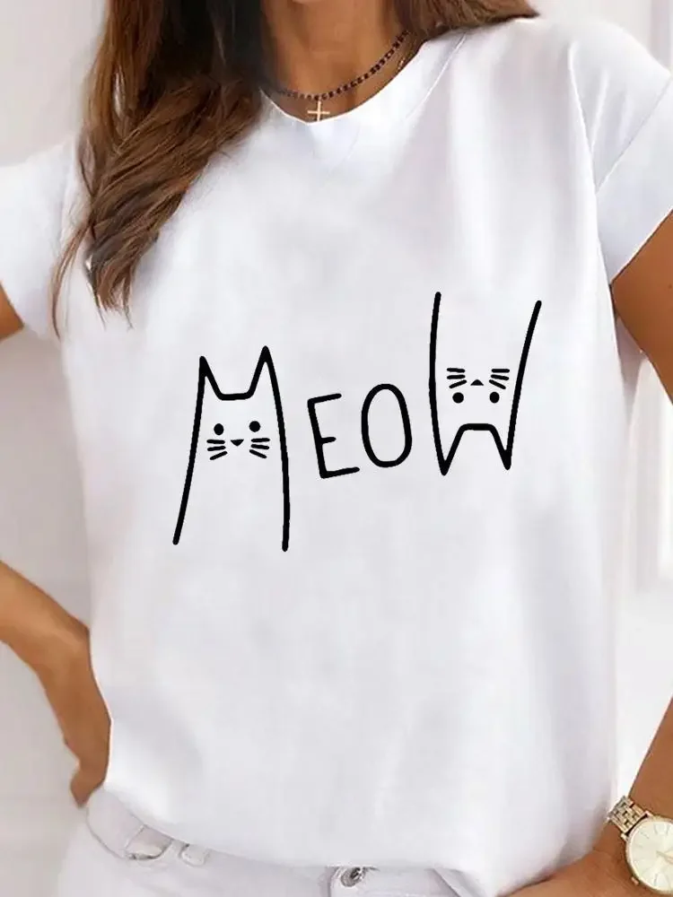 Short Sleeve Ladies Print T Fashion Women's Clothing Graphic Tee Cat Face Animal Lovely Clothes Summer Female T-shirts