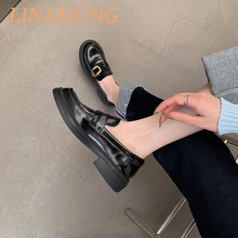 

Metal Square Mouth Flat Shoes Fashionable Simple Style Shallow Mouth Thick Soled Loafers Black Versatile Commuting Leather Shoes