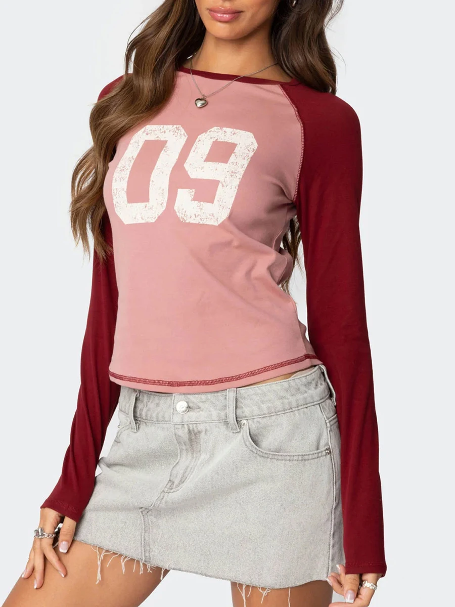 Grafik-Herbst-T-Shirt für Damen, schmaler Nummerndruck, Raglan, langärmelig, Rundhalsausschnitt, bauchfreies Hemd, lässig, Teenager-Mädchen-T-Shirt, Pullover, Streetwear