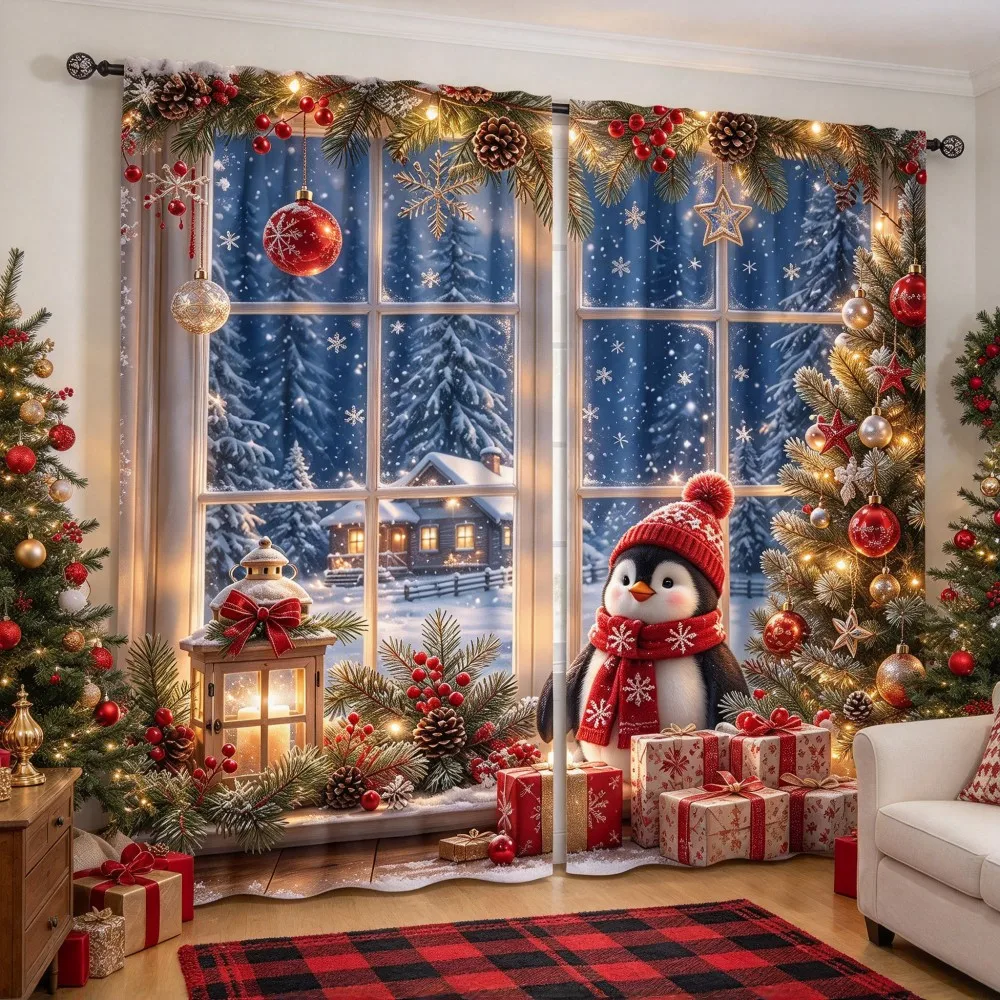 2PCS Christmas Winter Curtains, Snow Window Penguin Tree Pine Berry Gift, Digital Print, Bedroom Living Room, Home Decor