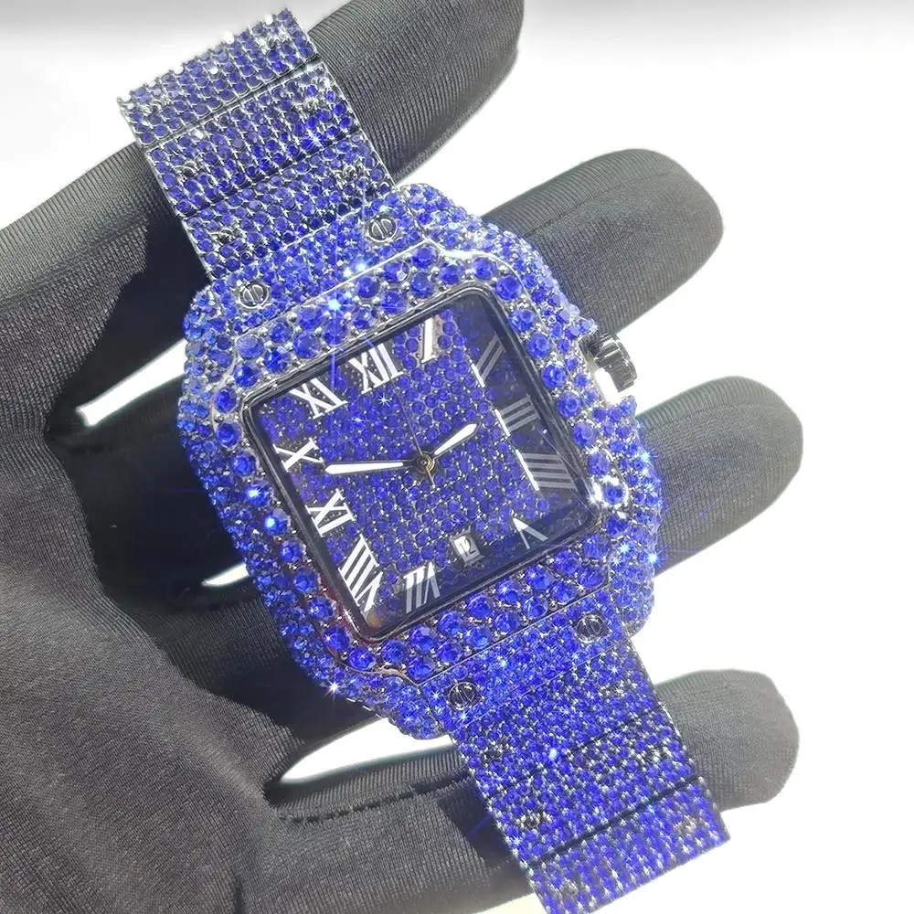 

New Blue Diamond Watch For Men Luxury Stainless Steel Hip Hop Watches Unique Bling Ice Out Waterproof Wristwatch Man 2025 Hot ﻿