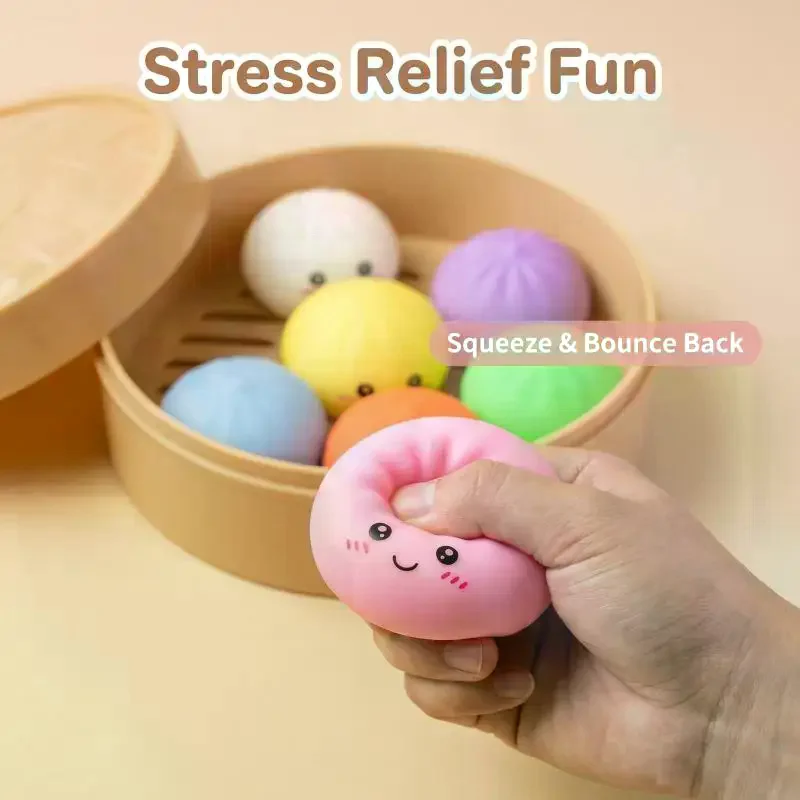 5Pcs Mini Colorful Smile Expression Bun with Steamer Squeezable Toy Set Soft Stress Relief Squeeze Fidget Sensory Toy Party Gift