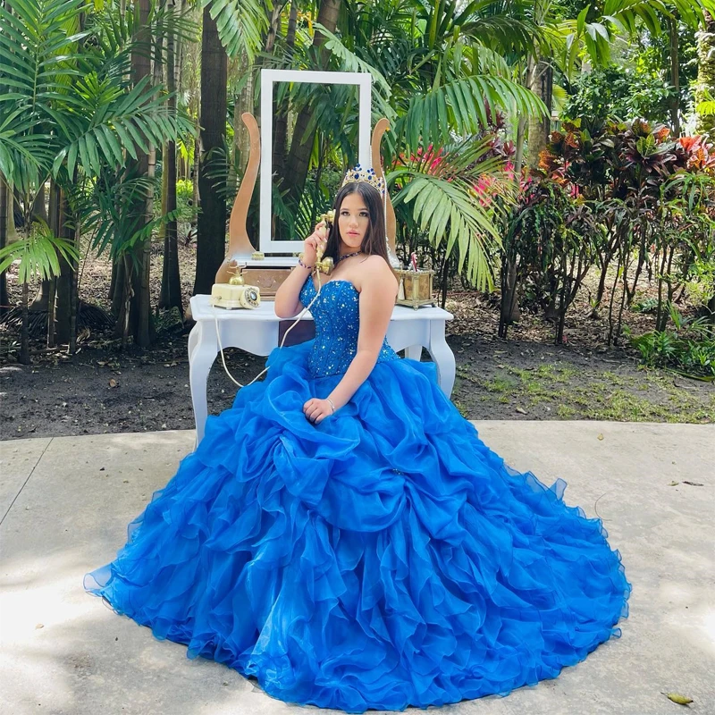 

Blue Sexy Sweetheart Bodice Medallions Crystal Beading Tiered Pleat Skirt Charro Quinceanera Ball Gown 15 Vestidos De