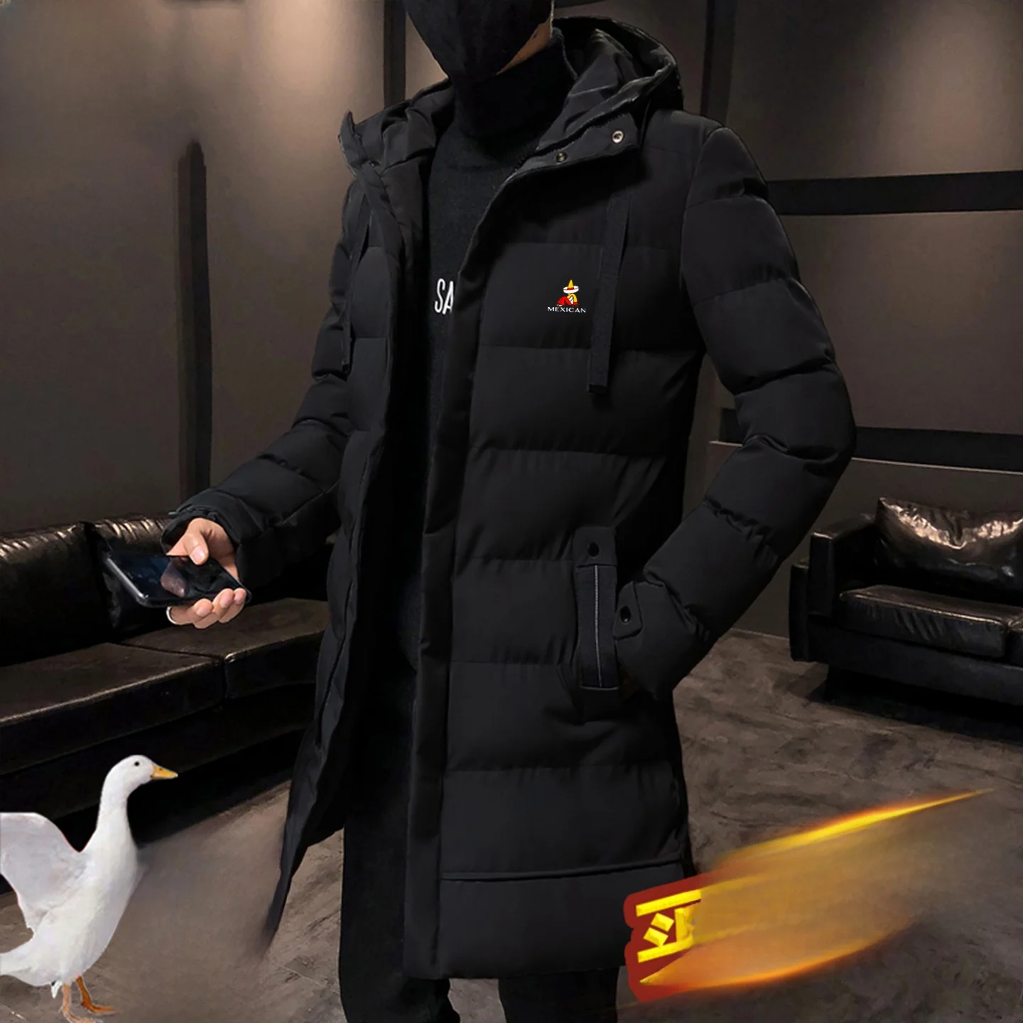 

Men's Mid-Length Thiened down Jaet Faionable Winter Coat with Hood Polyester/Nylon Cosite Fiber Warm Outerwear