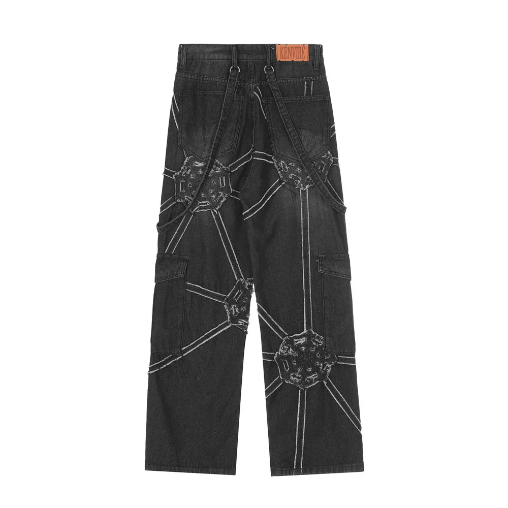 European and American high street design spider web denim straight trousers for men, national trend niche punk wide leg pants