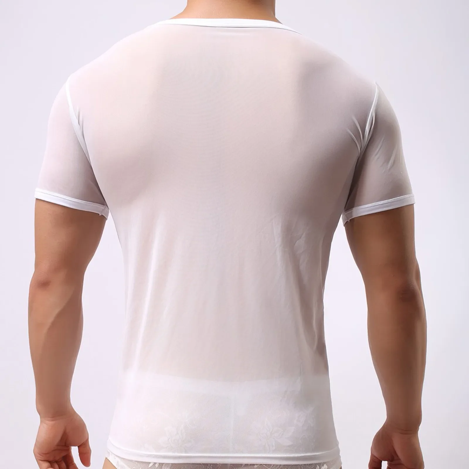 Camiseta transparente de manga larga para hombre, ropa interior Sexy de malla transparente, ajustada, negra/blanca