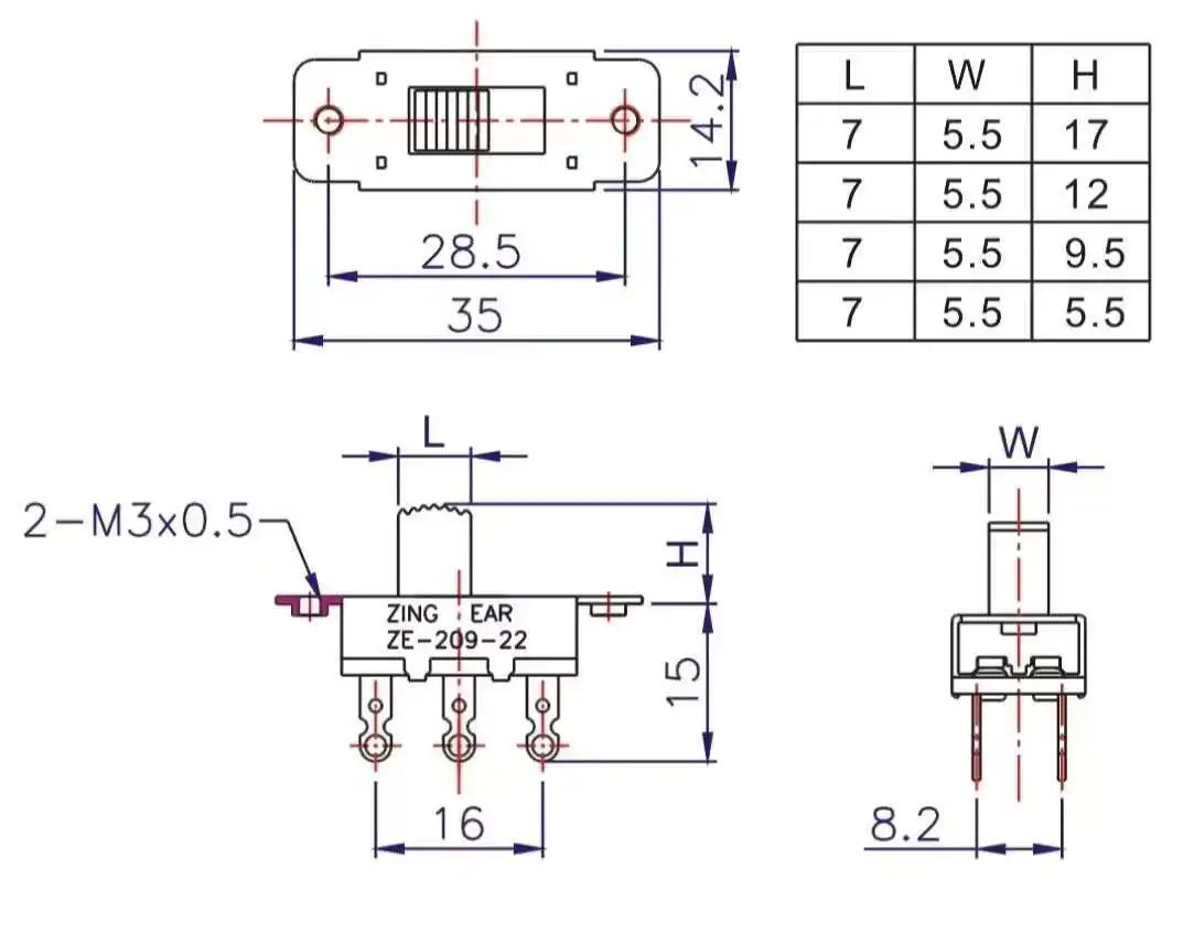 ZE-209-22 DPDT ON-ON Mini 6-контактный с черной ручкой высоты, ползунковый переключатель управления обратным направлением для вентилятора Ceig