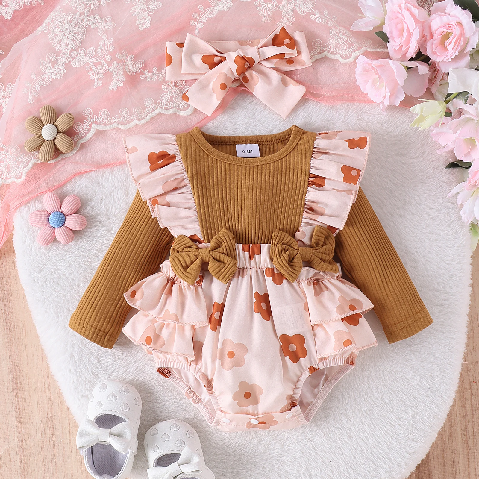 2PCS Autumn New Style 0-1 Year Old Girl Baby Sweet And Cute Round Collar Long-Sleeved Printed One-Piece Pants + Hair Band