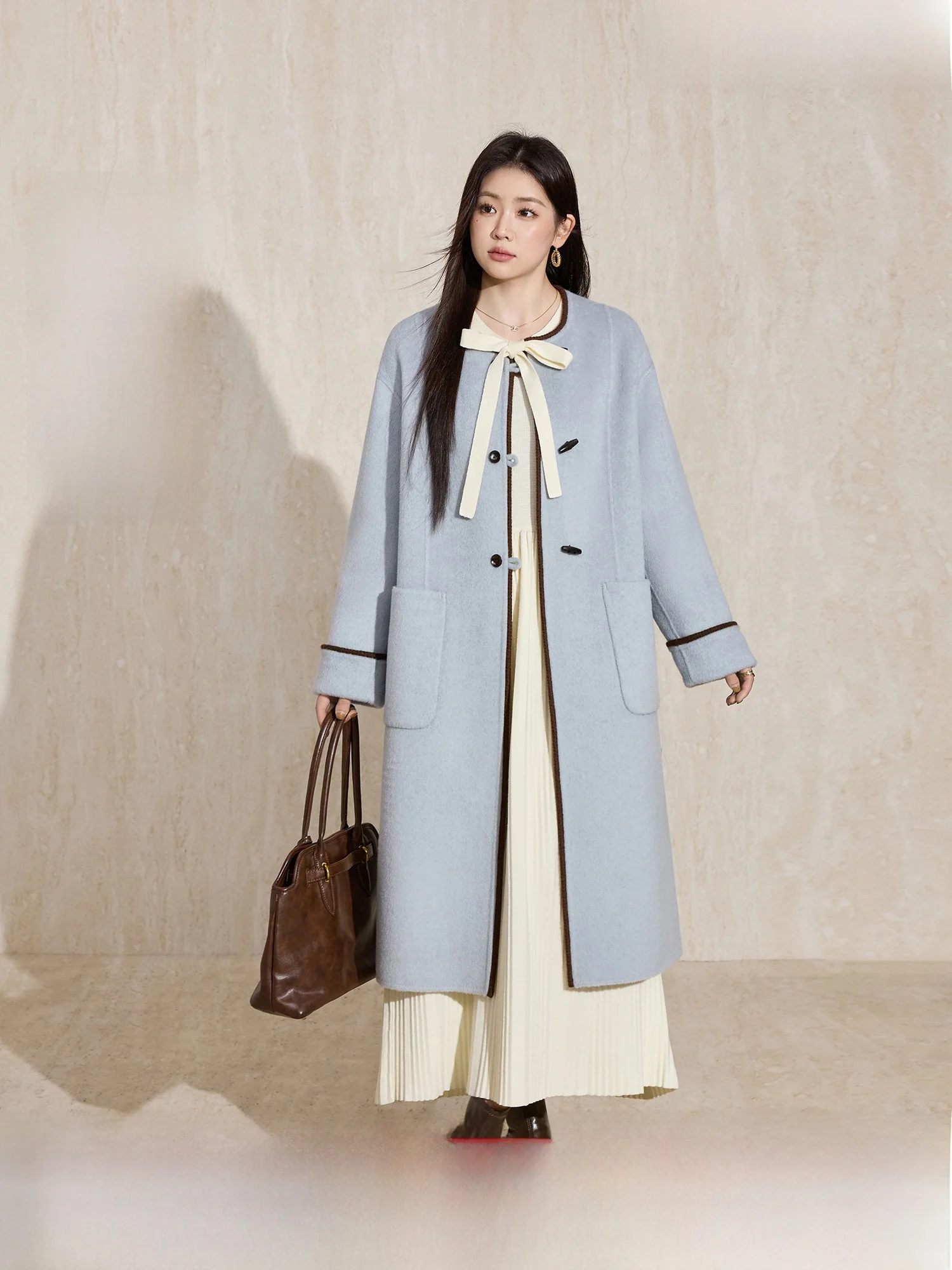 

Синий язык, большой размер, женское светло-голубое цветное шерстяное твидовое пальто с двойным лицом, зимнее новое красивое верхнее белье