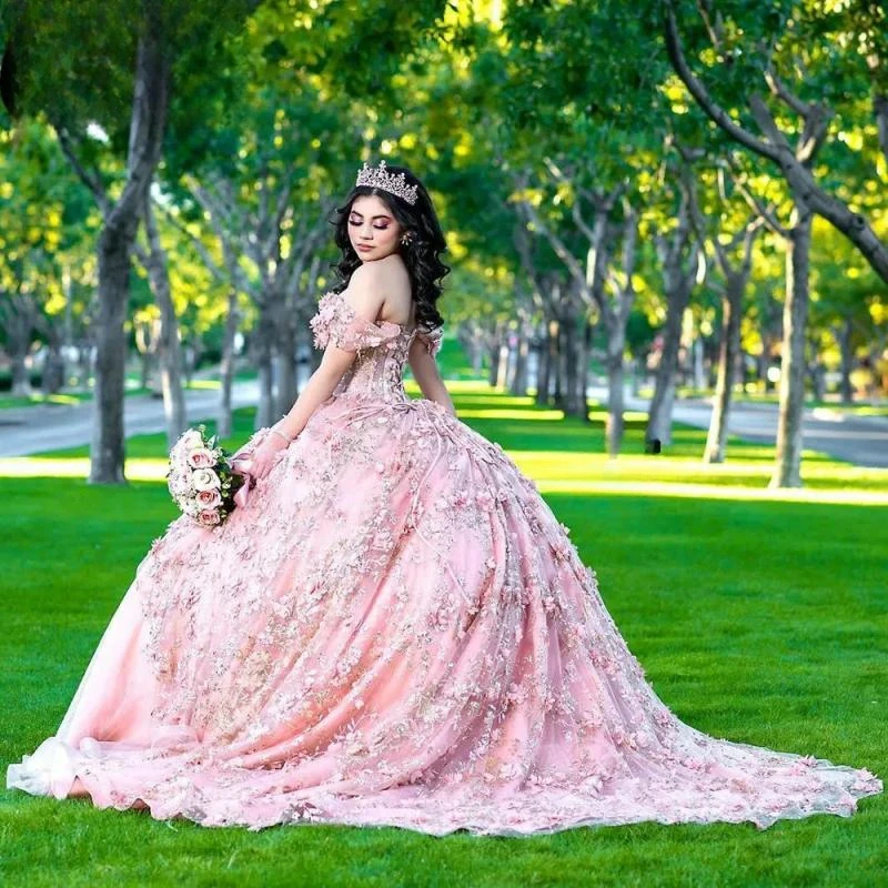 Pink Sequined Lace Ruffles Ball Gown Quinceanera Dresses Off The Shoulder 3D Flowers Corset Vestidos De 15 Años