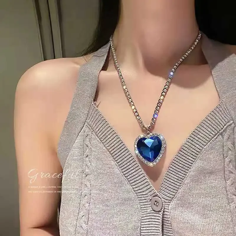 Neoglory Blue Heart of the Ocean Necklace The Titanic For Love For Women Valentine Gifts Embellished with Big Love Blue Crystal