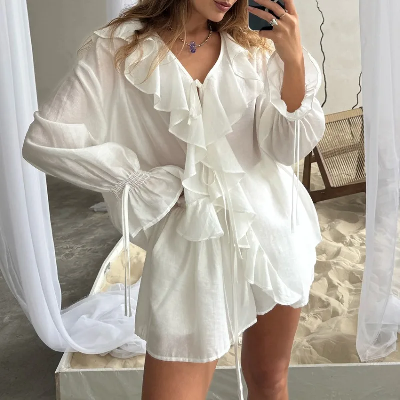 

Summer Women's Suit with Shorts 2 Pieces Set Chiffon Lace Up Ruffles Blouse Short Two Pieces Set Holiday Vacation Outfits 2025