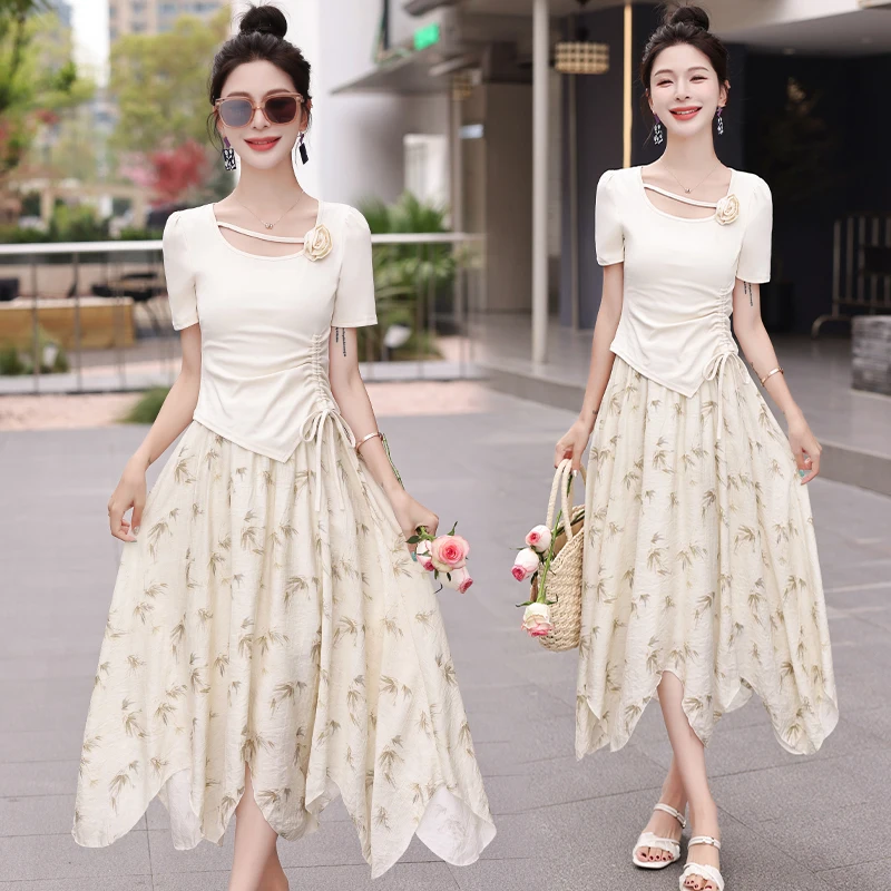 Sweet 3D Flower Print Top with Drawstring Half Skirt Two-Piece Set Summer 2024 Fashion Women's Cotton round Neck Short Sleeve