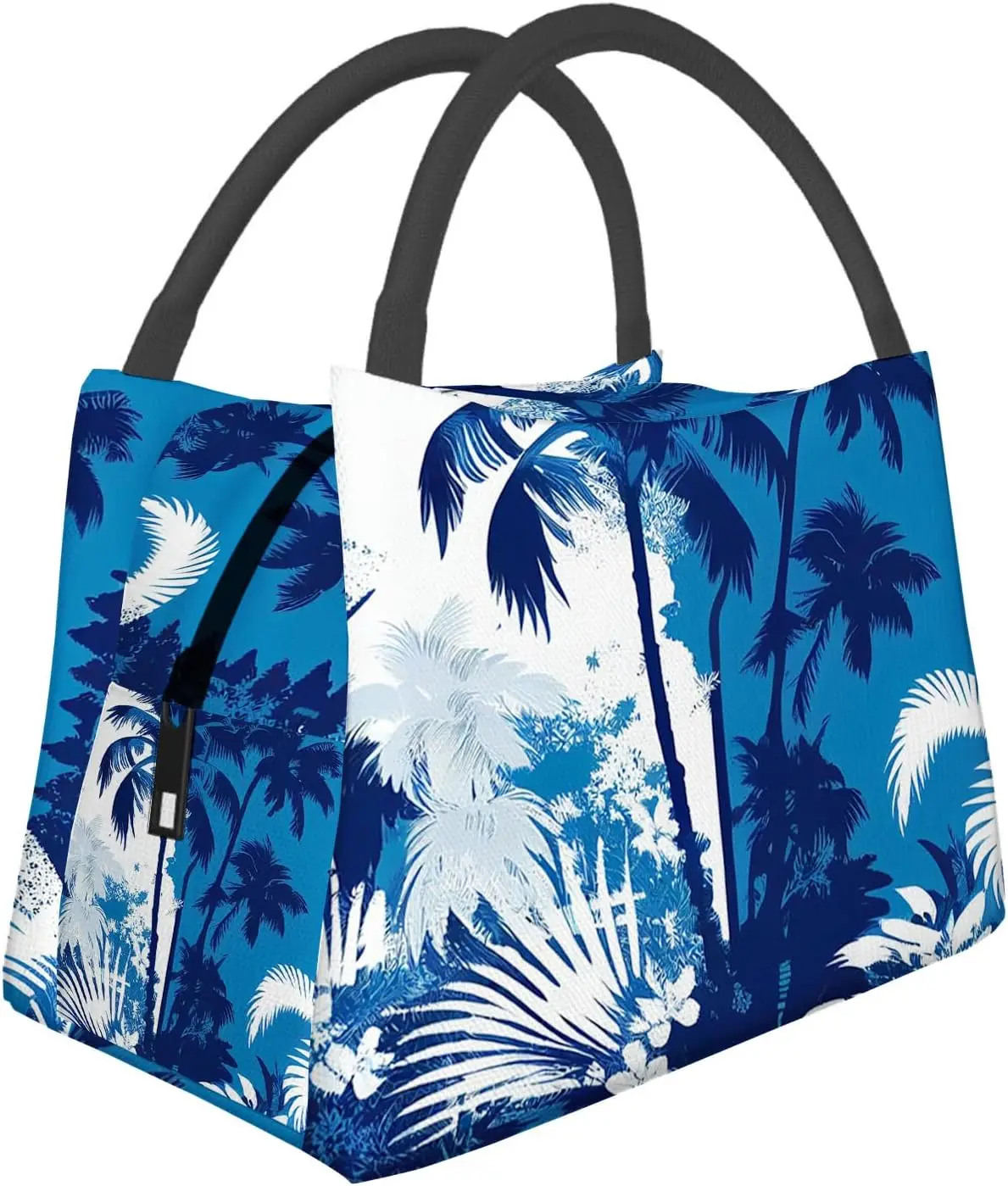 Blue and White Tropical with Trees pattern Portable Lunch Bag Insulated Lunch Box Reusable Totes For Women Men Work Picnic