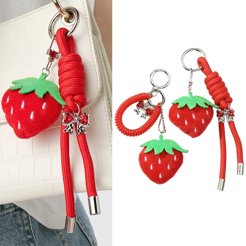 한국 시뮬레이션 플러시 딸기 키체인, 작고 신선한 달콤한 빨간 리본 키링 펜던트, 가방 장식, 자동차 키 홀더, 소녀 선물용