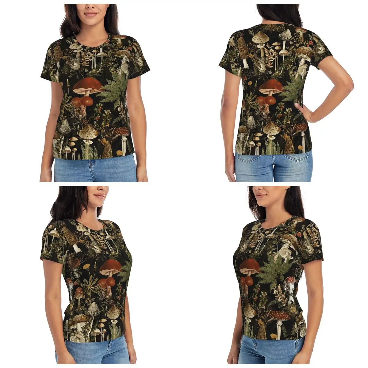 Midnight Mushrooms Forest Botanical Night Garden T-Shirt for Women O-Neck Streetwear T Shirts Women's Short Sleeve
