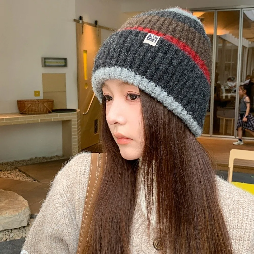 Wool Acrylic Mix Stripe Knitted Beanie Ear Protection Earflap Warm Winter Beanie 56cm to 58cm Head Circumference Stretchable Fit