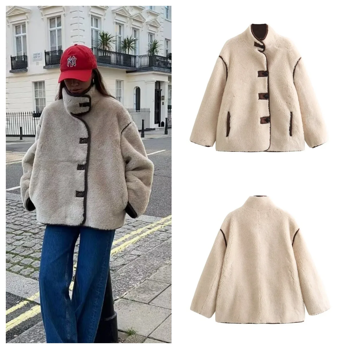 

Short Loose Women's Faux Fur Jacket Single-breasted Plush Outerwears Casual Winter Warm Furry Jackets Stand Fluffy Top Fashion