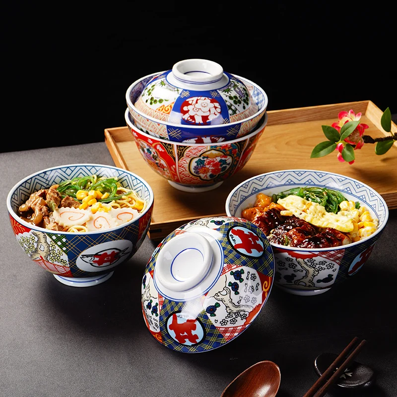 Ceramic Covered Bowl, Kitchenware, Rice Bowl, Soup, Noodle Bowl, Household Salad Bowl, Japanese Antique Element Tableware