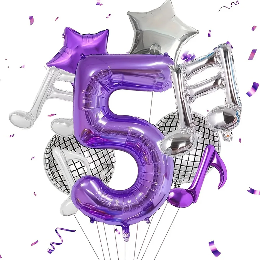9-teiliges Pop-Musik-Party-Ballonset, 32 Zoll Lila Digitalzahlen 0-9 & Disco 4D Ballon & Silber-Lila Musiknoten & Stern-Ballons – Detail 7
