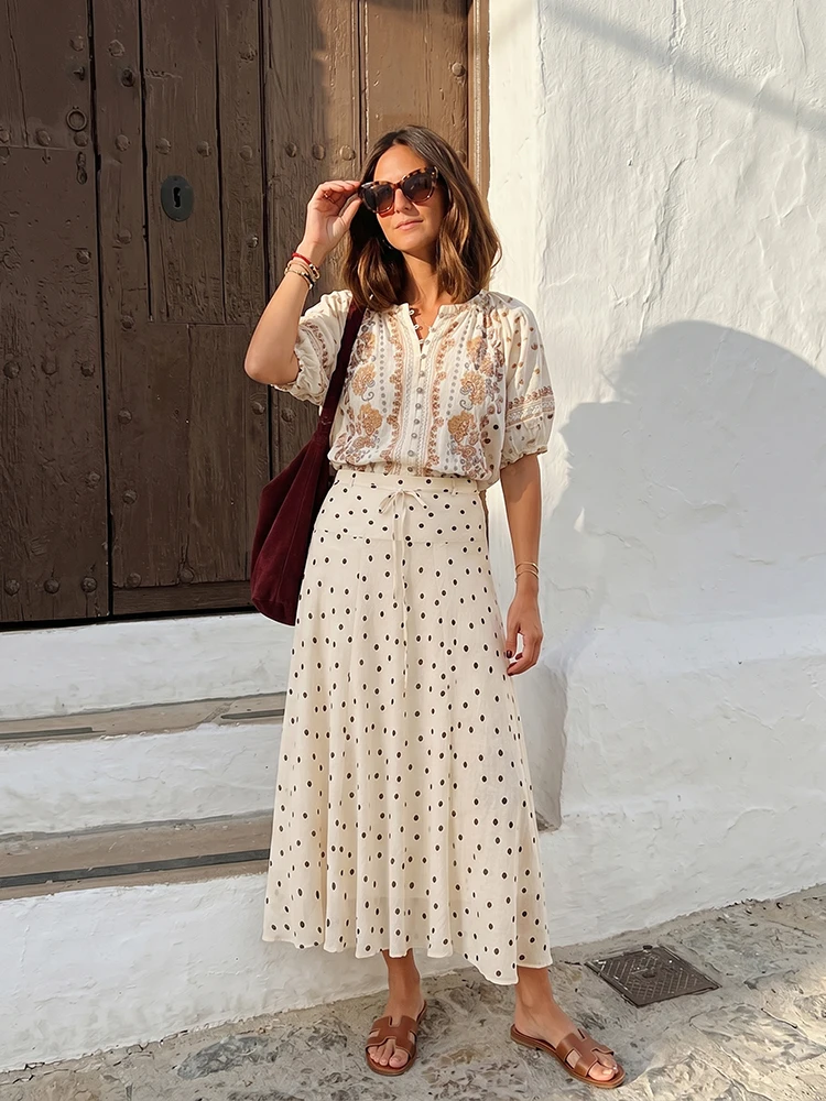 HH Vintage Polka Dot Tiered Midi Skirt High Waist Drawstring Flowy A Line Long Skirt Summer Retro Streetwear Daily Outfit